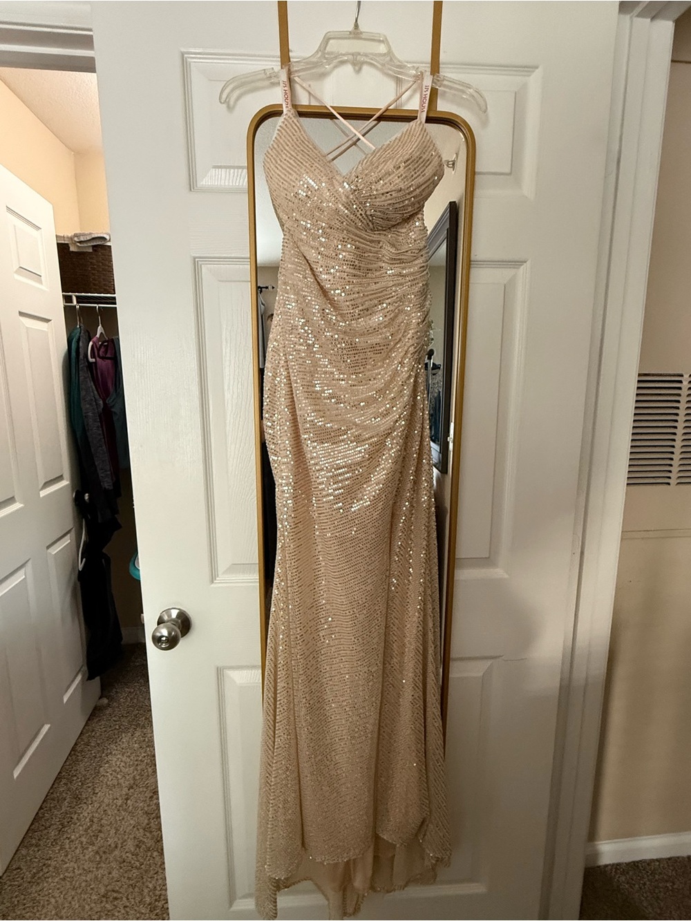 JJs House Champagne Sequin Formal Gown with Lace-Up Back. Size 6